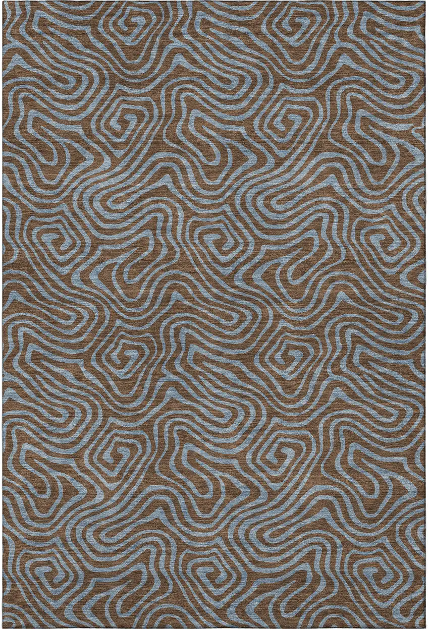 Brown And Sky Blue Abstract Washable Area Rug With UV Protection Photo 3