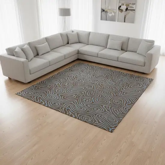 Brown And Sky Blue Abstract Washable Area Rug With UV Protection Photo 2