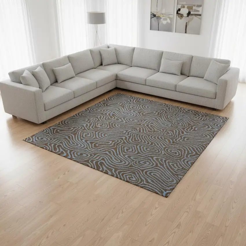 Brown And Sky Blue Abstract Washable Area Rug With UV Protection Photo 2