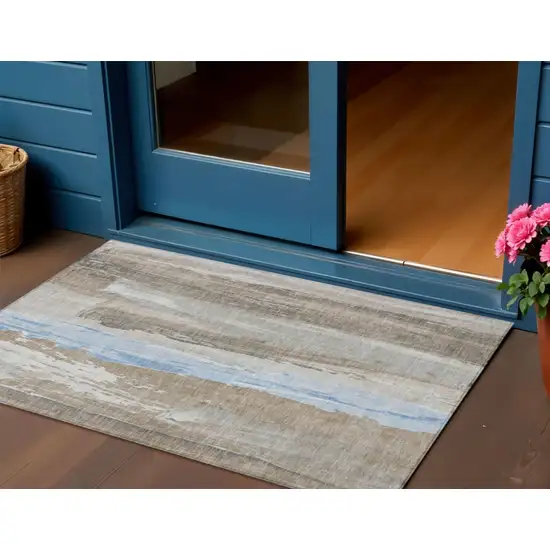 Brown And Sky Blue Abstract Washable Indoor Outdoor Area Rug Photo 2