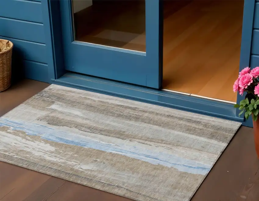 Brown And Sky Blue Abstract Washable Indoor Outdoor Area Rug Photo 2