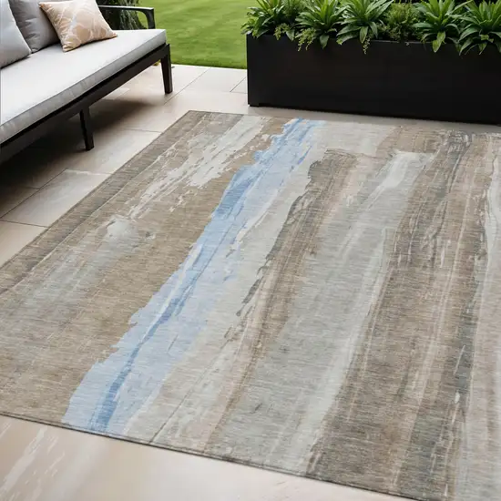 Brown And Sky Blue Abstract Washable Indoor Outdoor Area Rug Photo 2