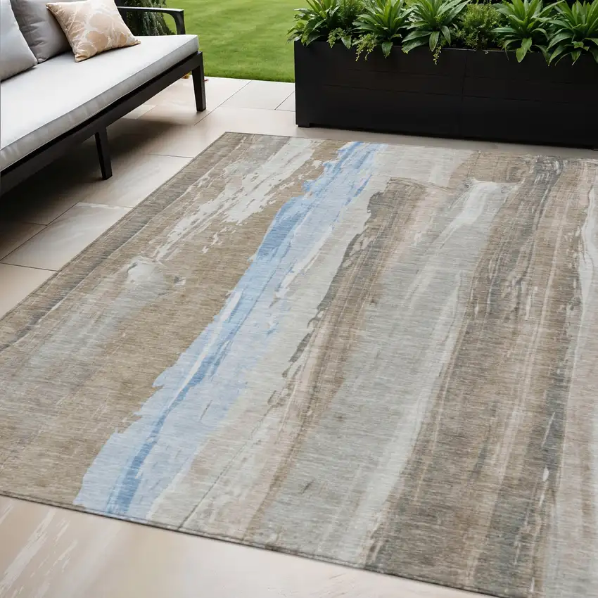 Brown And Sky Blue Abstract Washable Indoor Outdoor Area Rug Photo 2