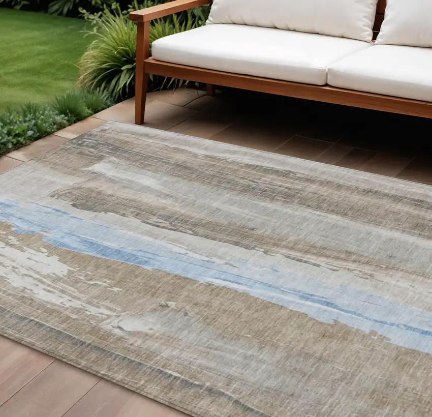 Brown And Sky Blue Abstract Washable Indoor Outdoor Area Rug Photo 2