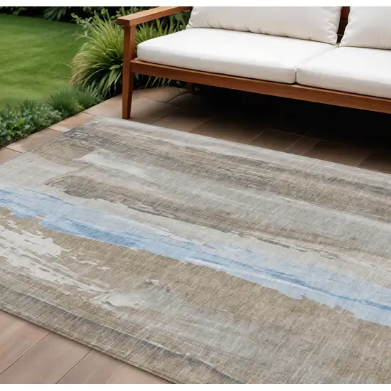 Brown And Sky Blue Abstract Washable Indoor Outdoor Area Rug Photo 2
