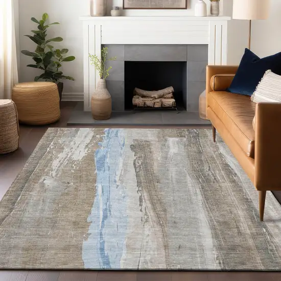 Brown And Sky Blue Abstract Washable Indoor Outdoor Area Rug Photo 5