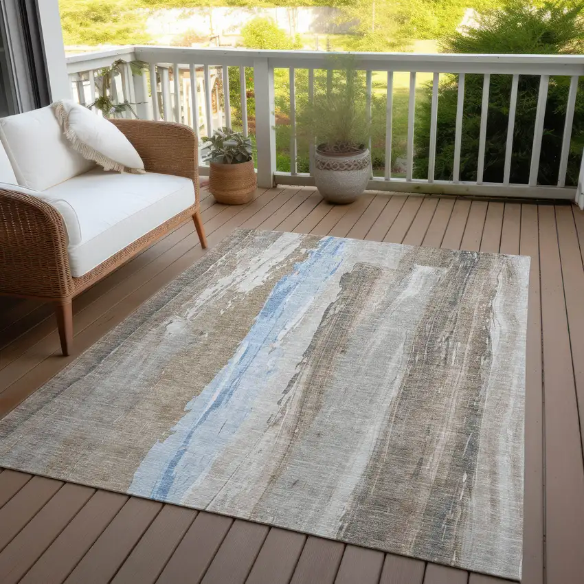 Brown And Sky Blue Abstract Washable Indoor Outdoor Area Rug Photo 4