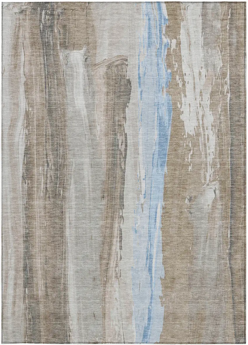 Brown And Sky Blue Abstract Washable Indoor Outdoor Area Rug Photo 9