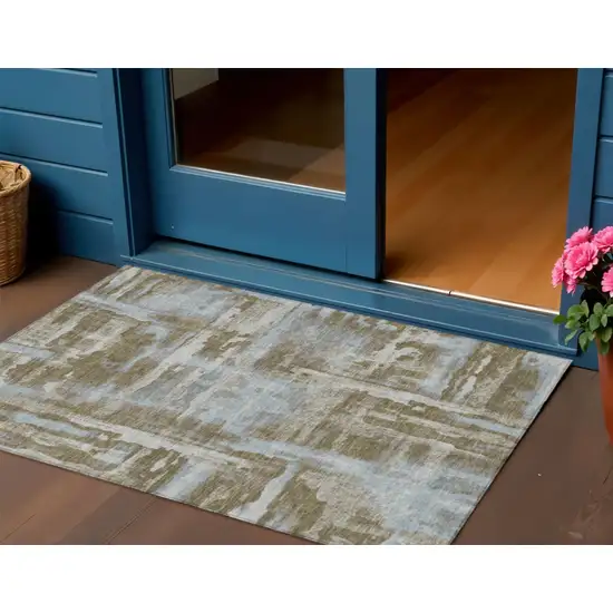 Brown And Sky Blue Abstract Washable Indoor Outdoor Area Rug Photo 2