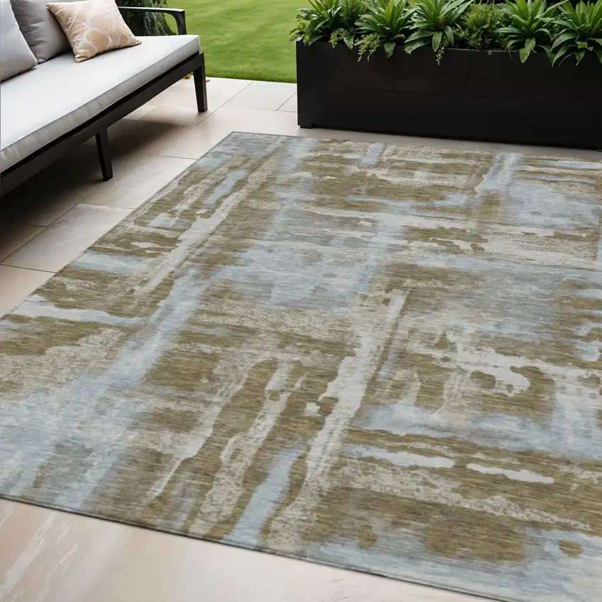 Brown And Sky Blue Abstract Washable Indoor Outdoor Area Rug Photo 2