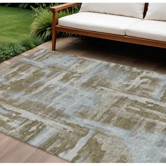 Brown And Sky Blue Abstract Washable Indoor Outdoor Area Rug Photo 2