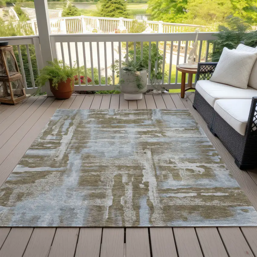 Brown And Sky Blue Abstract Washable Indoor Outdoor Area Rug Photo 7
