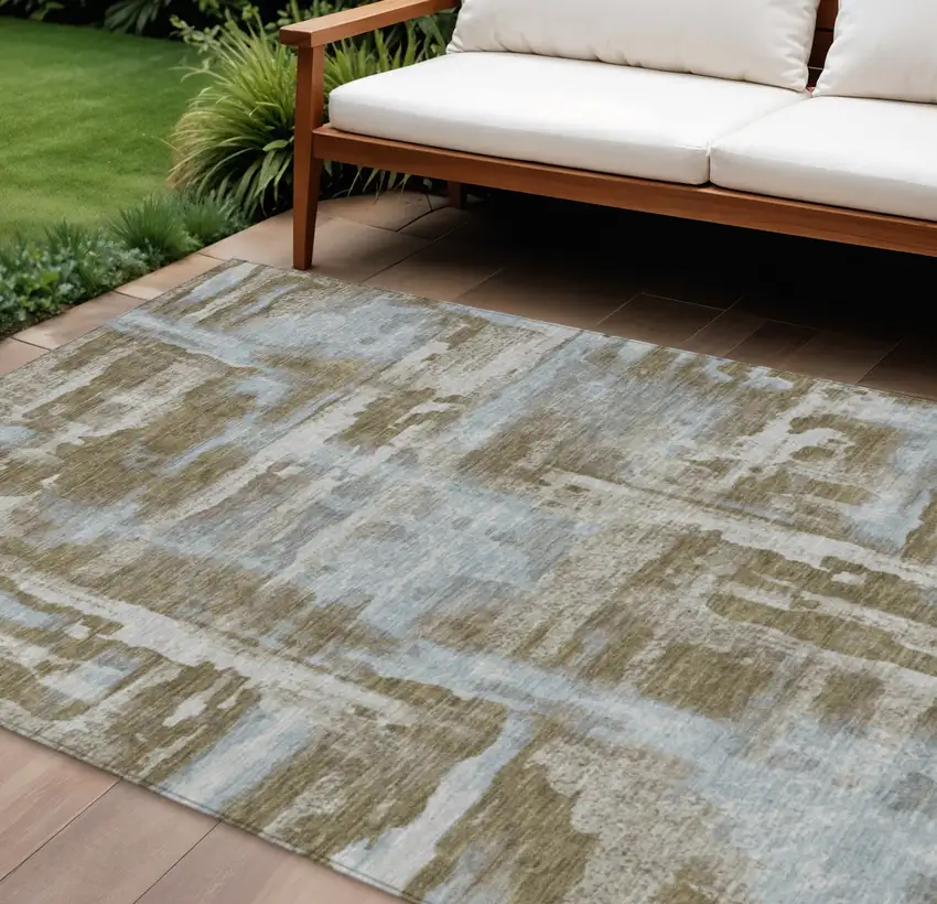 Brown And Sky Blue Abstract Washable Indoor Outdoor Area Rug Photo 2