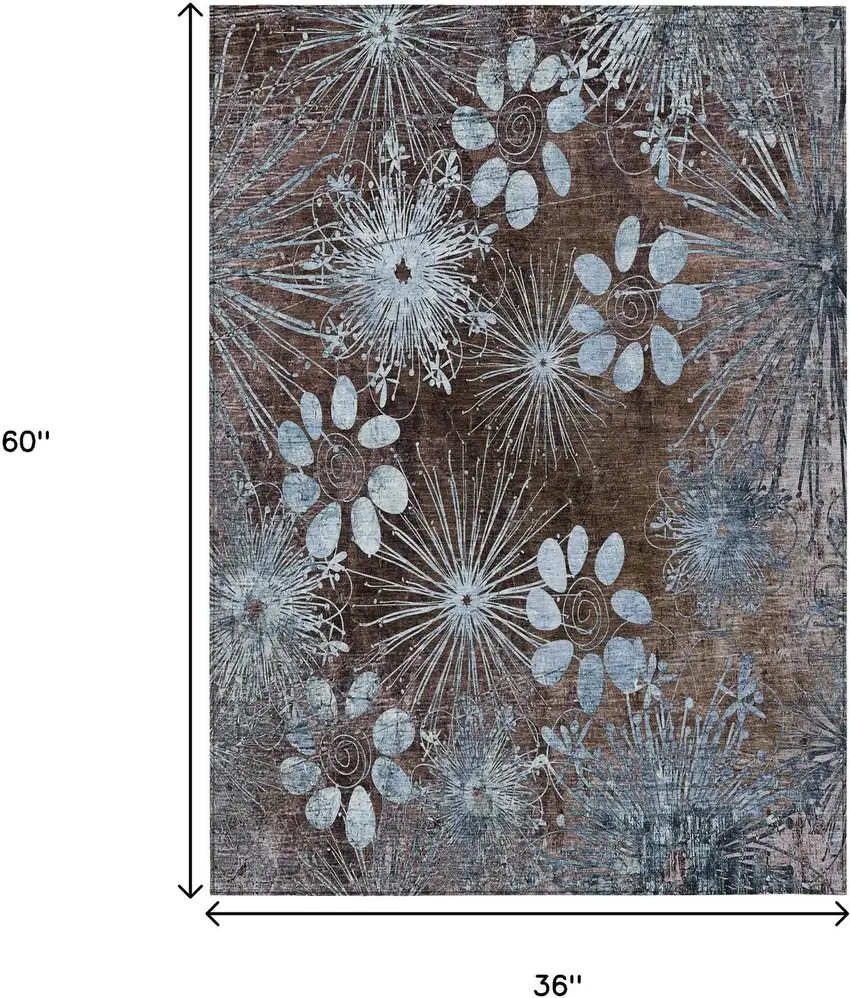 Brown And Sky Blue Floral Washable Indoor Outdoor Area Rug Photo 3