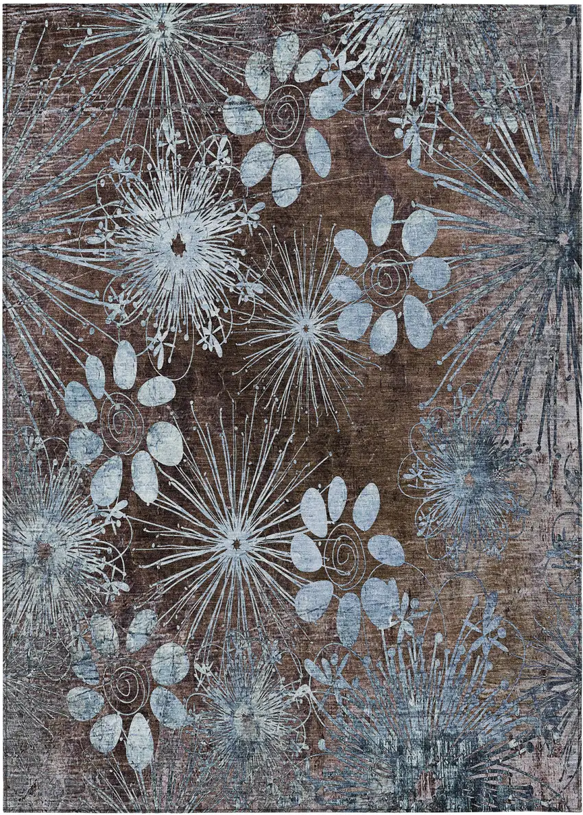 Brown And Sky Blue Floral Washable Indoor Outdoor Area Rug Photo 2