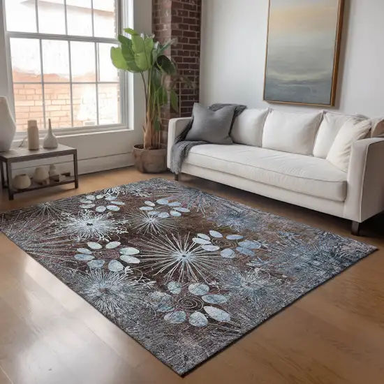 Brown And Sky Blue Floral Washable Indoor Outdoor Area Rug Photo 9