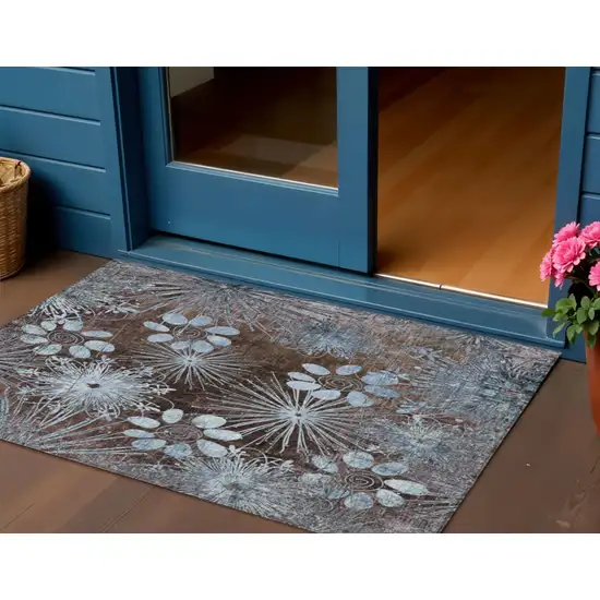 Brown And Sky Blue Floral Washable Indoor Outdoor Area Rug Photo 1