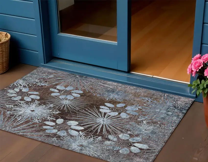 Brown And Sky Blue Floral Washable Indoor Outdoor Area Rug Photo 1