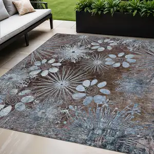 Photo of Brown And Sky Blue Floral Washable Indoor Outdoor Area Rug