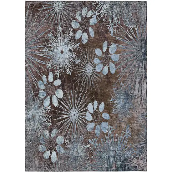 Brown And Sky Blue Floral Washable Indoor Outdoor Area Rug Photo 2
