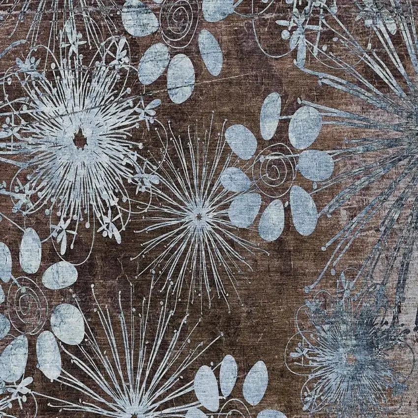 Brown And Sky Blue Floral Washable Indoor Outdoor Area Rug Photo 6