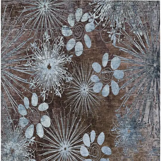 Brown And Sky Blue Floral Washable Indoor Outdoor Area Rug Photo 4