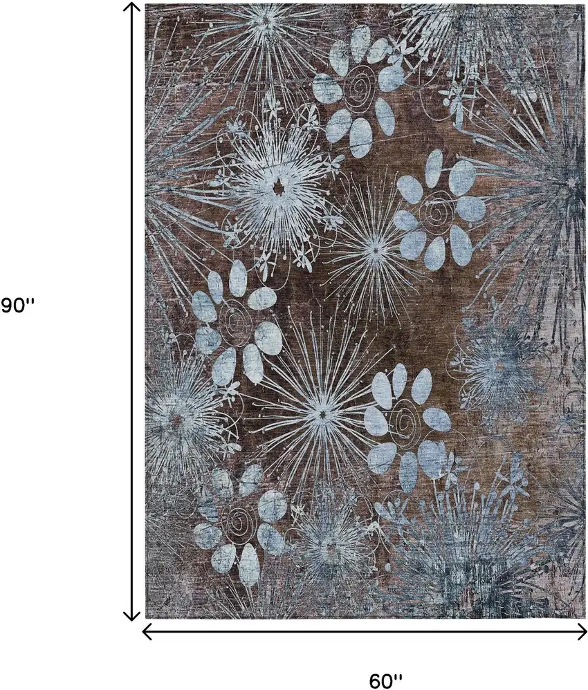 Brown And Sky Blue Floral Washable Indoor Outdoor Area Rug Photo 3