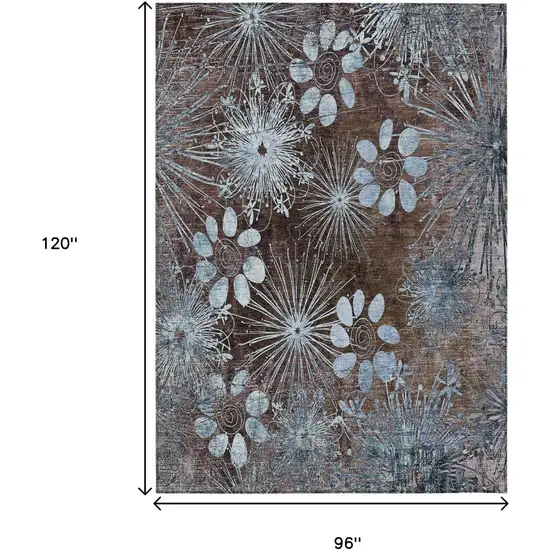 Brown And Sky Blue Floral Washable Indoor Outdoor Area Rug Photo 3