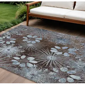 Photo of Brown And Sky Blue Floral Washable Indoor Outdoor Area Rug