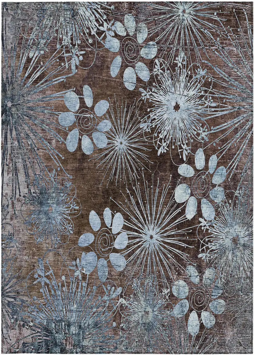 Brown And Sky Blue Floral Washable Indoor Outdoor Area Rug Photo 5
