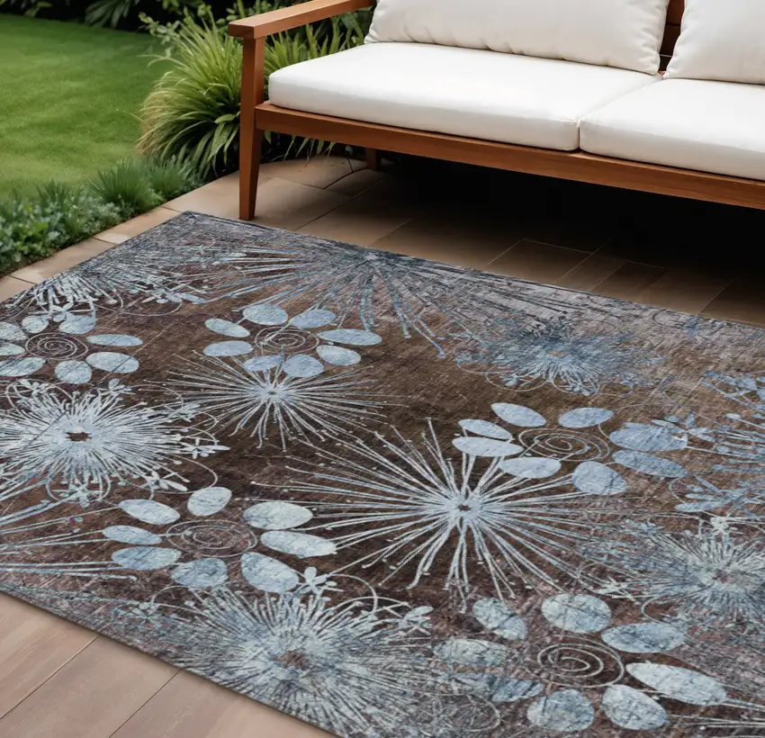 Brown And Sky Blue Floral Washable Indoor Outdoor Area Rug Photo 1
