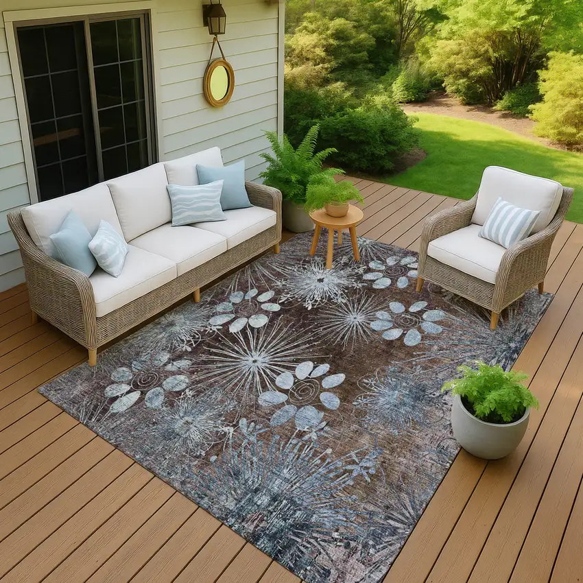 Brown And Sky Blue Floral Washable Indoor Outdoor Area Rug Photo 8