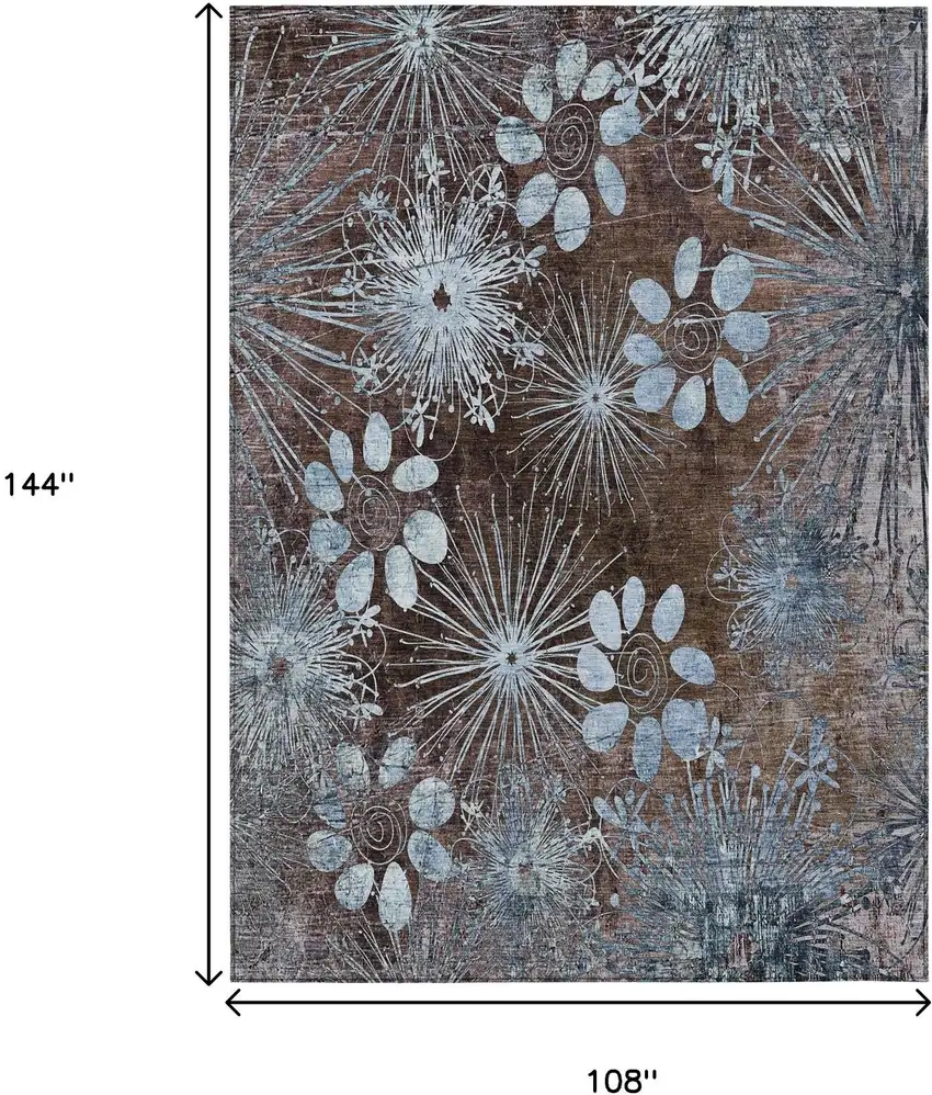 Brown And Sky Blue Floral Washable Indoor Outdoor Area Rug Photo 3