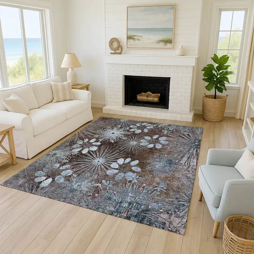 Brown And Sky Blue Floral Washable Indoor Outdoor Area Rug Photo 9