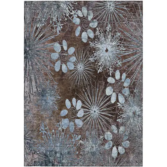 Brown And Sky Blue Floral Washable Indoor Outdoor Area Rug Photo 5