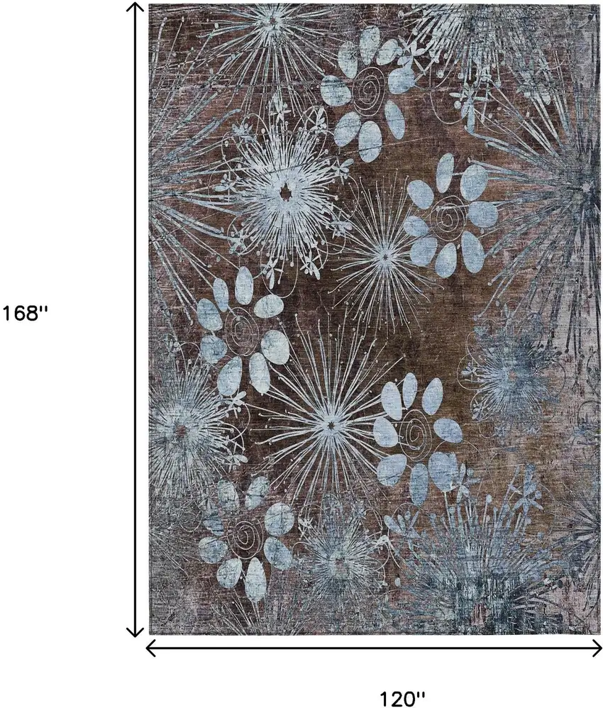 Brown And Sky Blue Floral Washable Indoor Outdoor Area Rug Photo 3