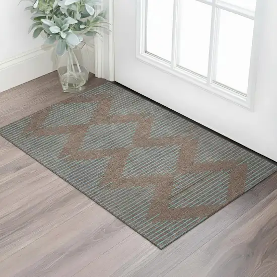 Brown And Sky Blue Geometric Washable Area Rug With UV Protection Photo 2