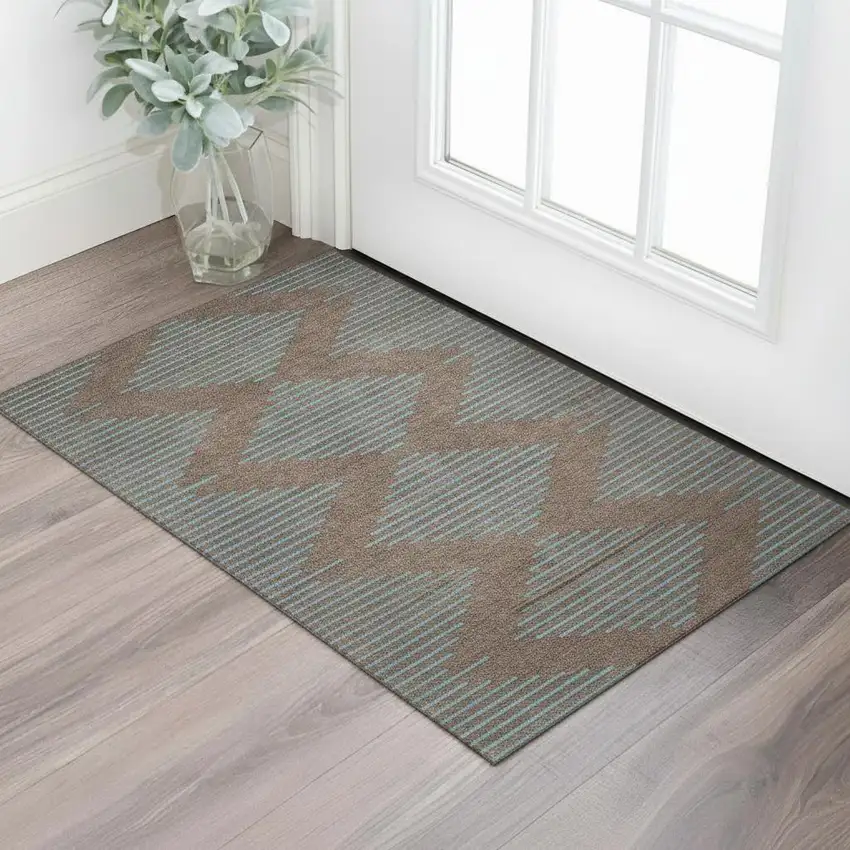 Brown And Sky Blue Geometric Washable Area Rug With UV Protection Photo 2