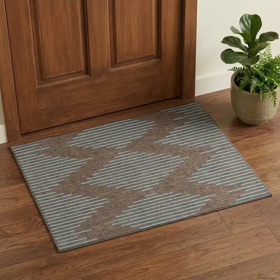 Brown And Sky Blue Geometric Washable Area Rug With UV Protection Photo 1