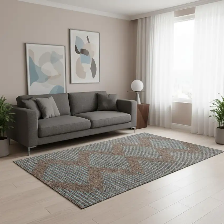 Brown And Sky Blue Geometric Washable Area Rug With UV Protection Photo 2