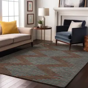 Photo of Brown And Sky Blue Geometric Washable Area Rug With UV Protection