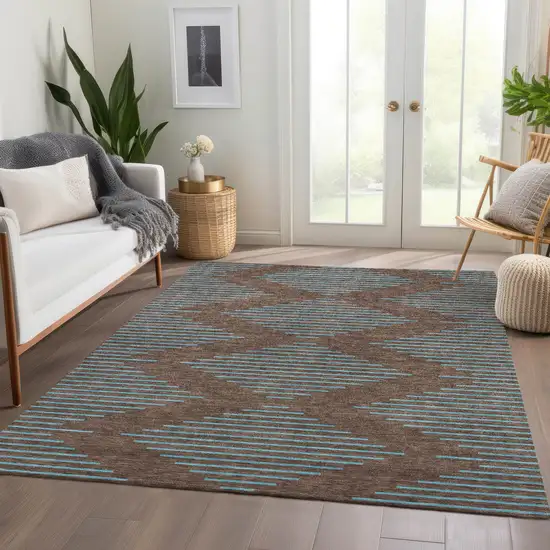 Brown And Sky Blue Geometric Washable Area Rug With UV Protection Photo 5