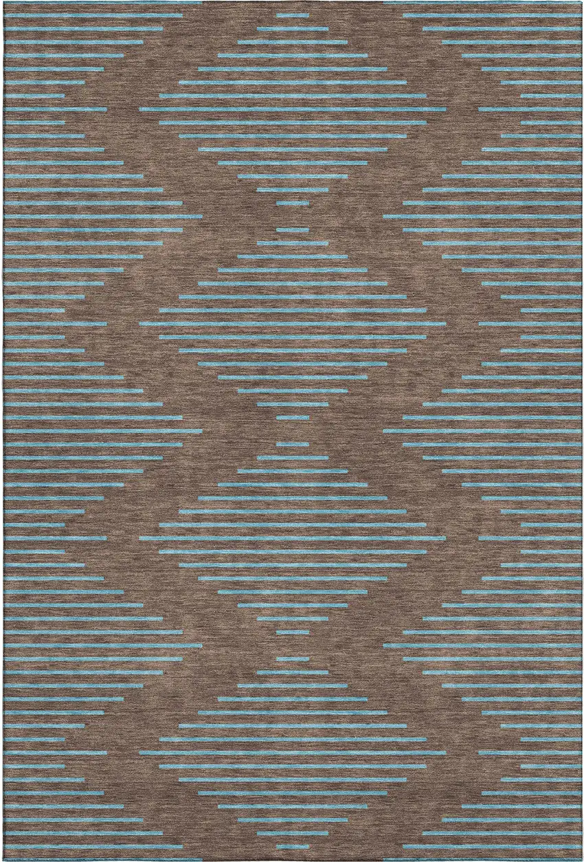 Brown And Sky Blue Geometric Washable Area Rug With UV Protection Photo 1