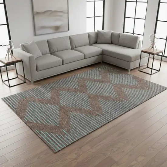 Brown And Sky Blue Geometric Washable Area Rug With UV Protection Photo 2