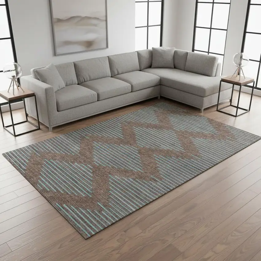 Brown And Sky Blue Geometric Washable Area Rug With UV Protection Photo 2