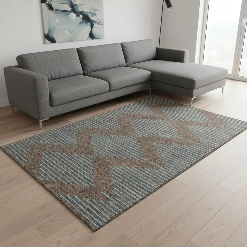 Brown And Sky Blue Geometric Washable Area Rug With UV Protection Photo 2