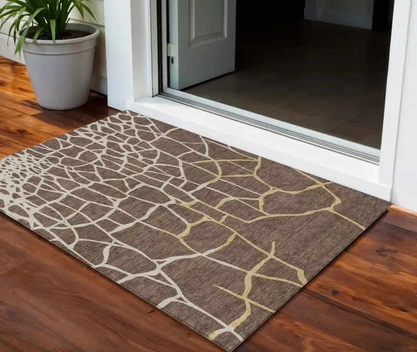 Brown And Tan Abstract Washable Indoor Outdoor Area Rug Photo 1