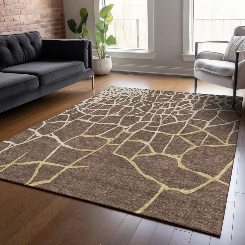 Brown And Tan Abstract Washable Indoor Outdoor Area Rug Photo 8