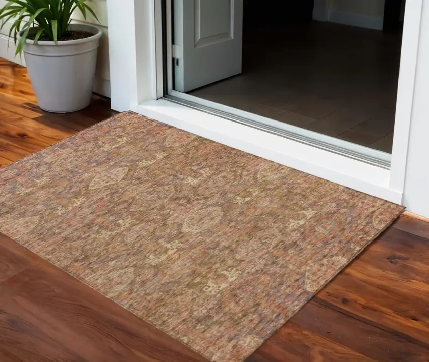 Brown And Tan Damask Washable Indoor Outdoor Area Rug Photo 1