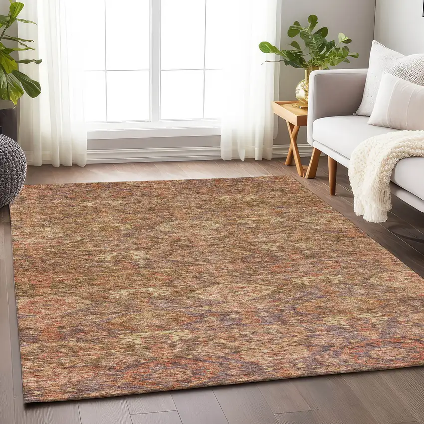 Brown And Tan Damask Washable Indoor Outdoor Area Rug Photo 8